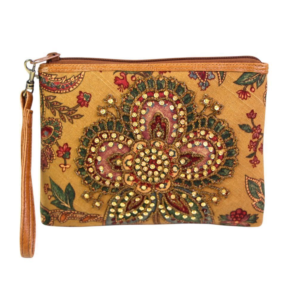 Isabella Fiore BEADED MULTICOLOR CANVAS FLORAL ZIP CLUTCH HANDBAG WRISTLET PURSE